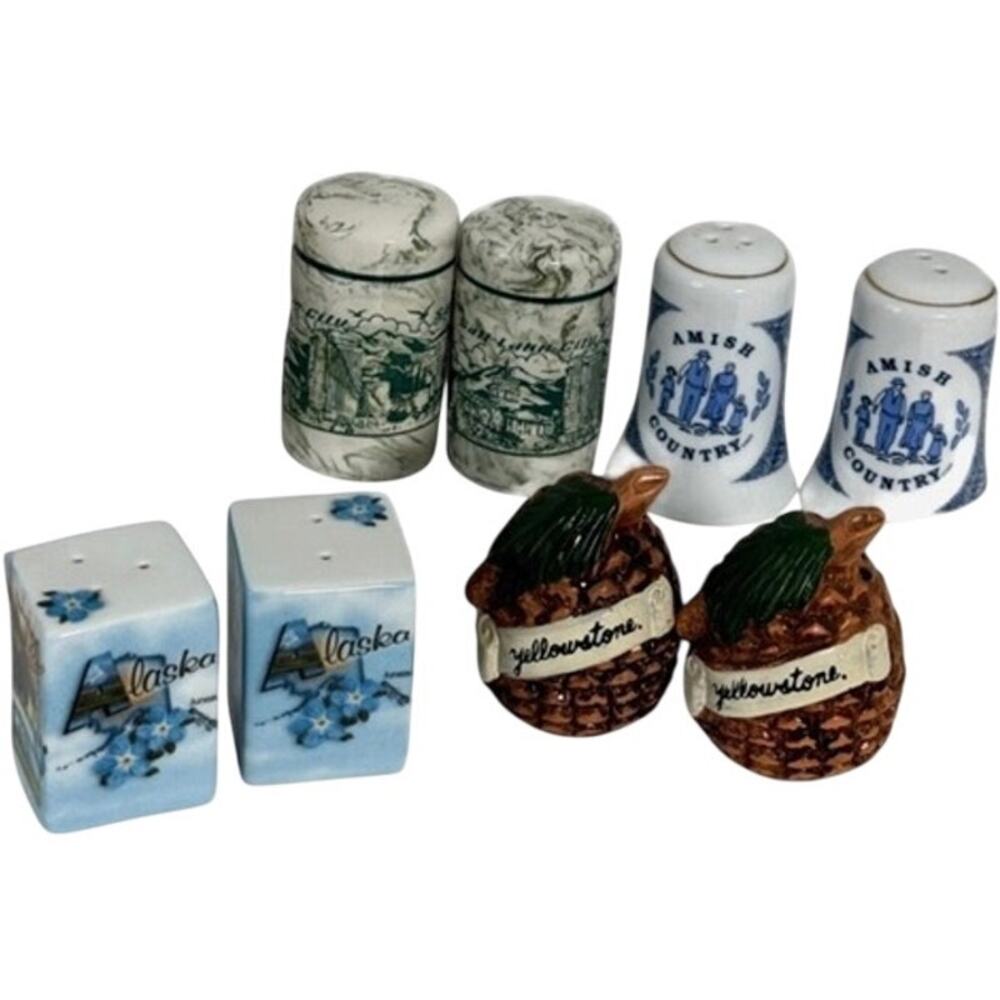Vintage 4 Sets Salt & Pepper Shaker Ceramic Alaska Yellowstone Amish SLC